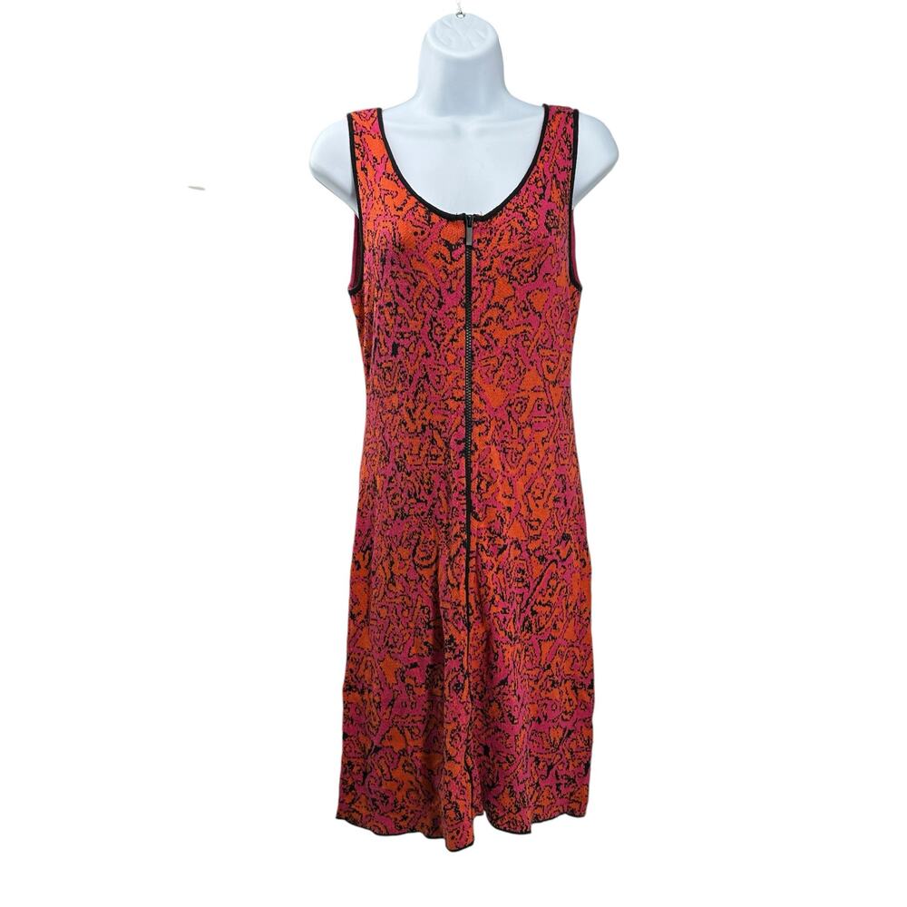 DAMASK Pink and Orange Knit Sleeveless Shift Midi Dress Small Boho Print Groovy